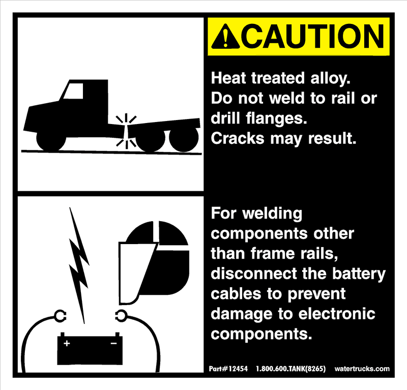 Decal Caution, Do Not Weld Rail or Drill Flanges, Disconnect Battery - UnitedBuilt Equipment