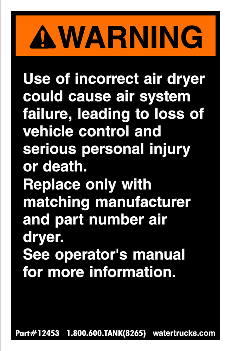 Decal Warning, OEM Air Dryer Only - UnitedBuilt Equipment