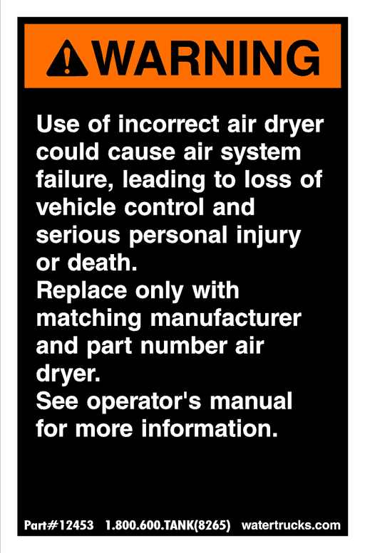 Decal Warning, OEM Air Dryer Only - UnitedBuilt Equipment