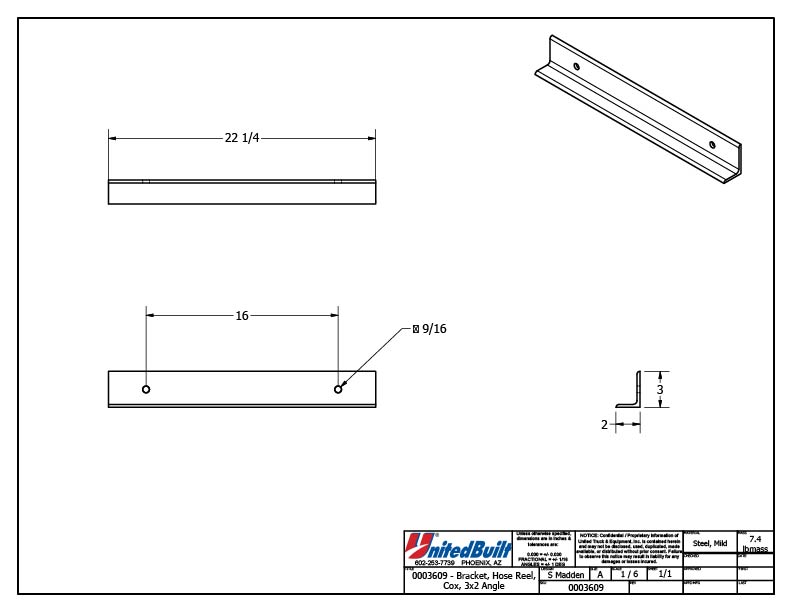 Hose Reel Mounting Bracket, Frame/Tank Head Mount, 3x2 Angle, Mild Steel, UnitedBuilt REELMTBKTFMC - UnitedBuilt Equipment