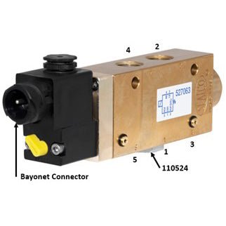 Solenoid Valve, Directional Control, 5 Port / 2 Position, 3/8" Ports, 12VDC with Heavy Duty Bayonet Connector, Sealco 527061 - UnitedBuilt Equipment