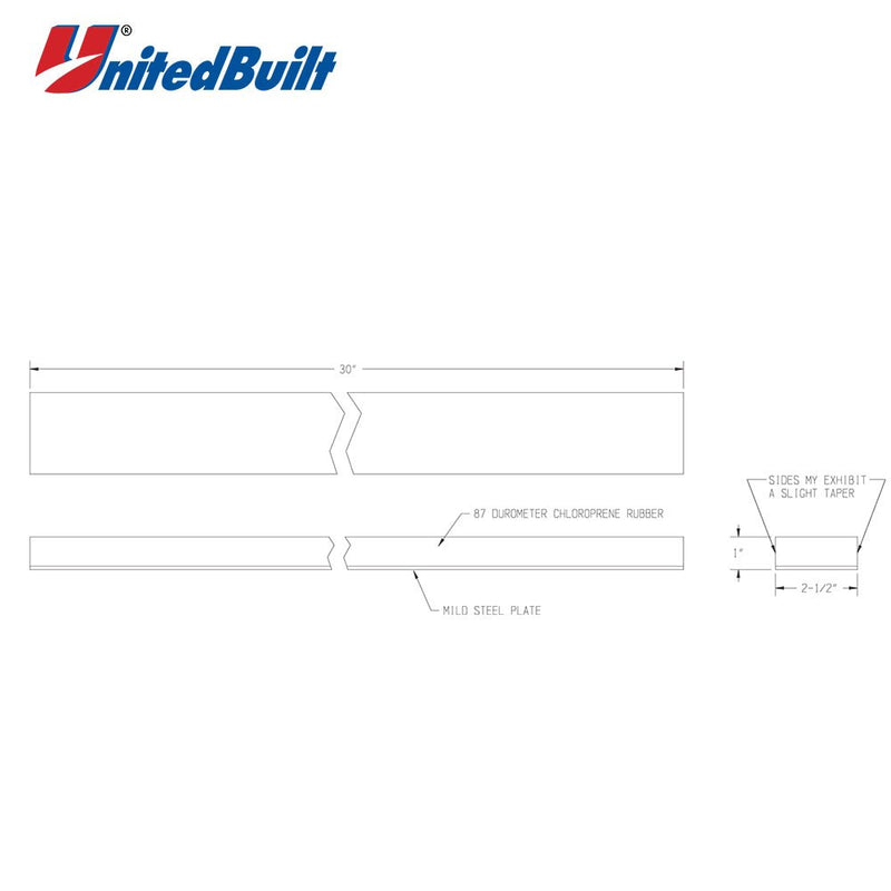 UnitedBuilt SkirtBoard™ Vulcanized Rubber Wear Pad, 2-1/2" × 30" × 1" - UnitedBuilt Equipment
