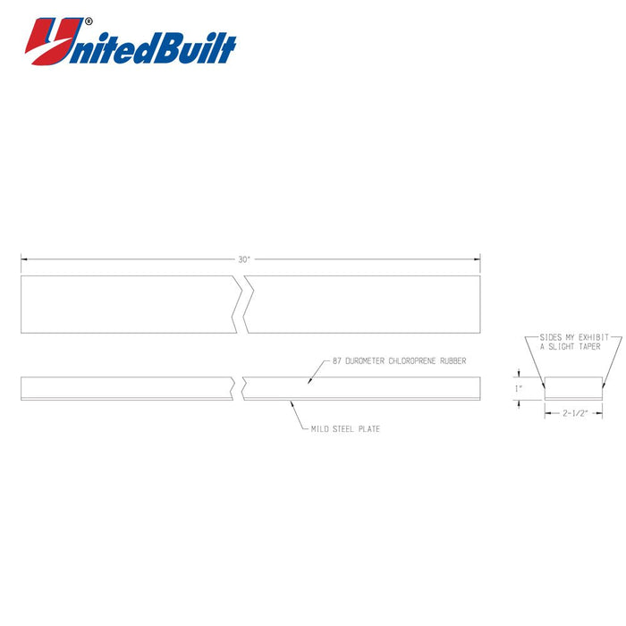 UnitedBuilt SkirtBoard™ Vulcanized Rubber Wear Pad, 2-1/2" × 30" × 1" - UnitedBuilt Equipment