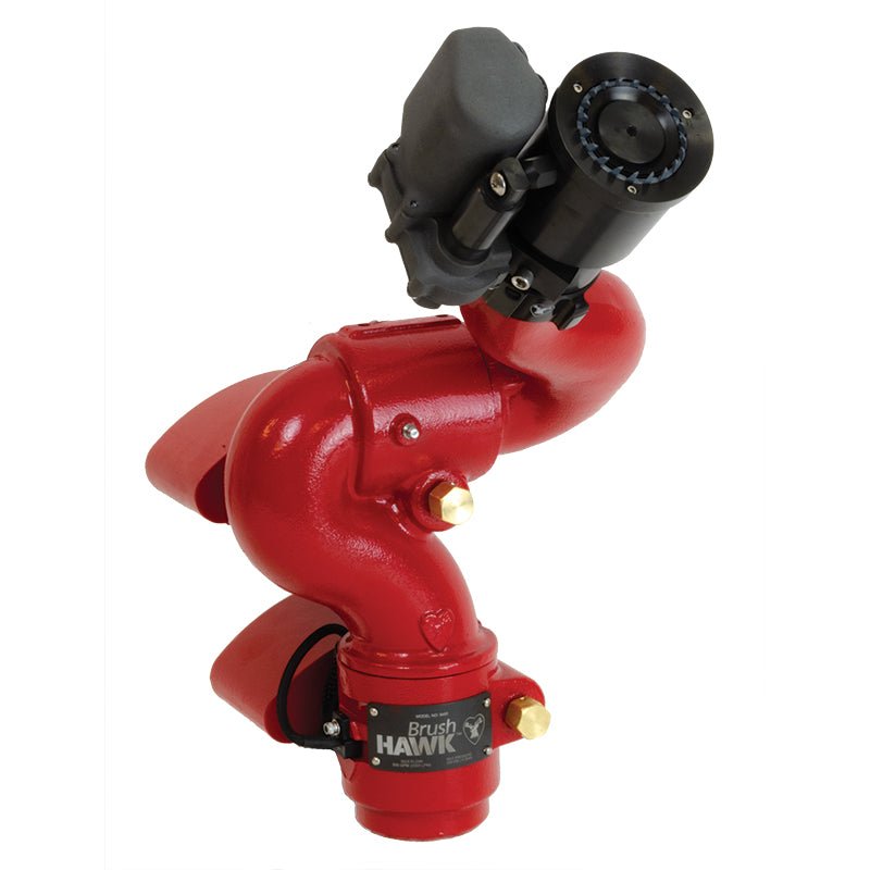 Elkhart BrushHawk 8495 remote operated water cannon monitor, part number 08495002, with 2 inch FNPT inlet and 1-1/2 inch MNHT outlet for water truck applications.