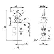 Air Switch Valve, 3-Way 2-Position NC, Toggle Lever, Bistable, 1/8" NPTF Ports, M16x1 Mount Stem, Series 3, Camozzi 338-990TF - UnitedBuilt Equipment