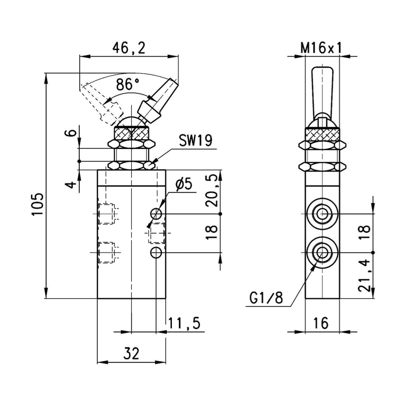 Air Switch Valve, 3-Way 2-Position NC, Toggle Lever, Bistable, 1/8" NPTF Ports, M16x1 Mount Stem, Series 3, Camozzi 338-990TF - UnitedBuilt Equipment