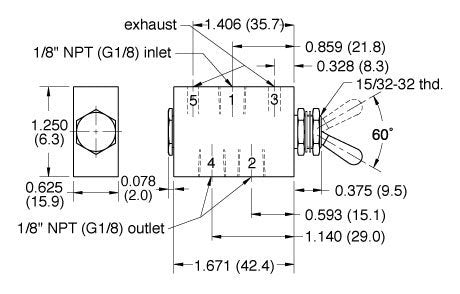 Air Switch Valve, 4-Way 2-Position Toggle Lever 1/8", Clippard MJTV-4 - UnitedBuilt Equipment