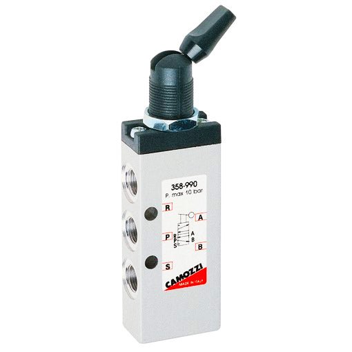 Air Switch Valve, 5-Way 2-Position (5/2), Toggle Lever, Bistable, 1/8" NPTF Ports, M16x1 Mount Stem, Series 3, Camozzi 358-990TF - UnitedBuilt Equipment